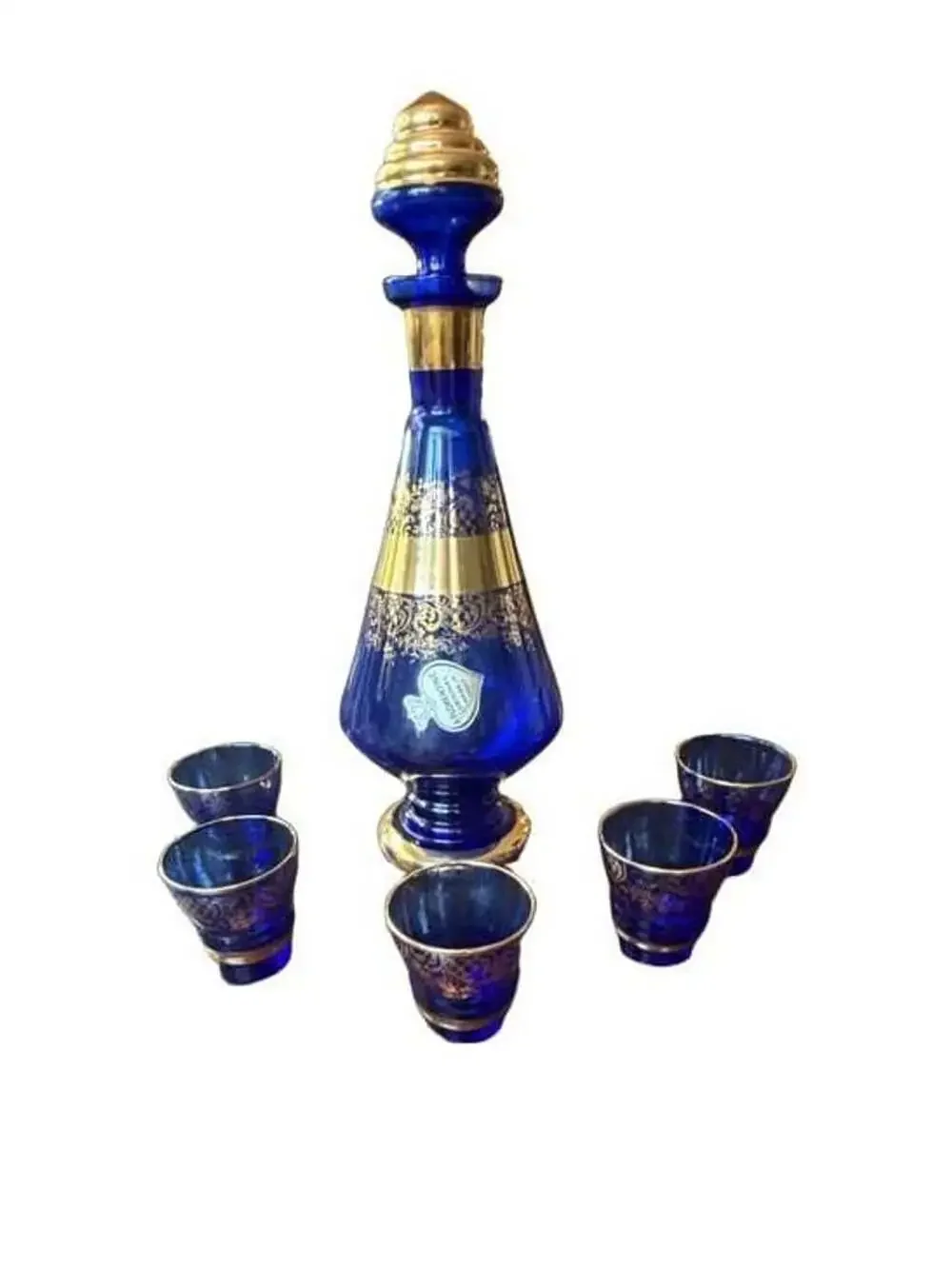 Florentine Decanter Set Cobalt Blue Gold Trim, Glass Stopper and 5 Cups